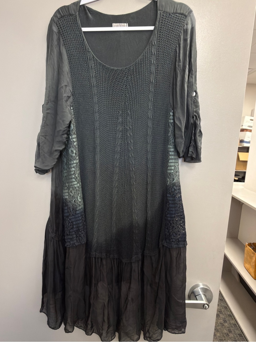 Made in Italy Black Boho Dress Silk‎ Blend Lace Panel Tiered Midi Dress - Picture 2 of 7